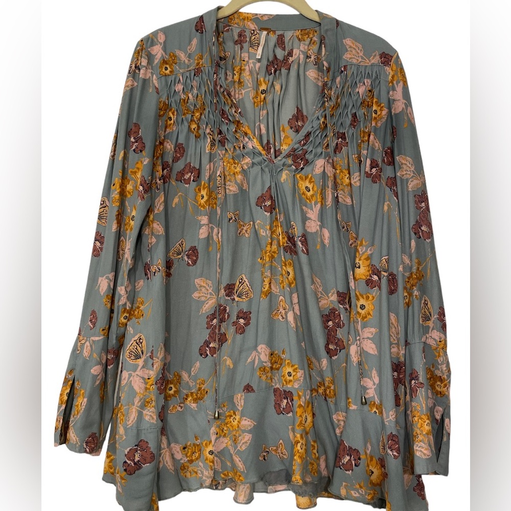Free People M So Fined Smock Mauve Blue Butterfly Hippie Tunic Top